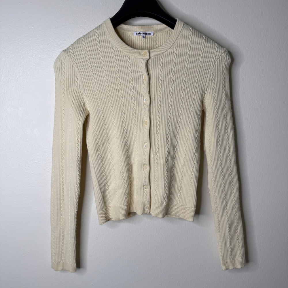 Reformation Natalie Cable Stitch Cardigan Sweater in Lemon Icing Size D - Picture 2 of 5